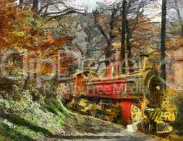 Orange Train through forest (oil painting)