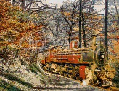 Orange Train through forest (oil painting)
