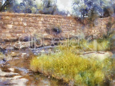 Stone wall and river