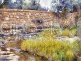 Stone wall and river