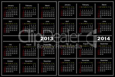 Black calendar template. 2013,2014