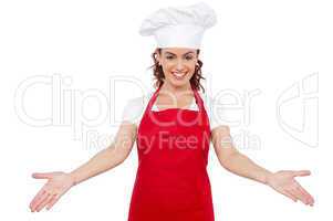 Smiling woman chef welcoming you