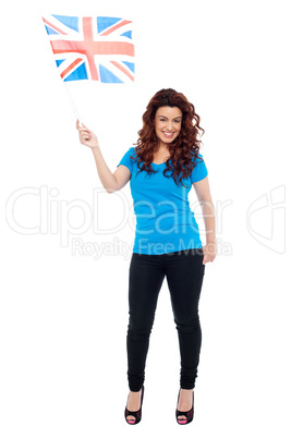 UK female supporter posing with flag
