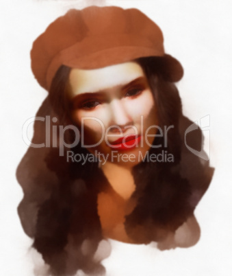 Young girl with brown hat portrait painting