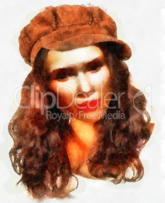 Young girl with brown hat water color painting