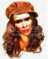 Young girl with brown hat water color painting