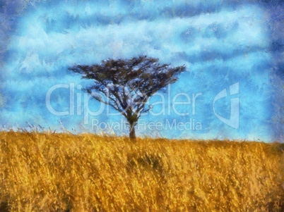 Single Thorn Tree in Grass Field Painting