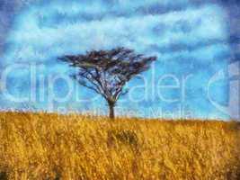 Single Thorn Tree in Grass Field Painting