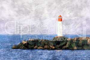 White lighthouse painting