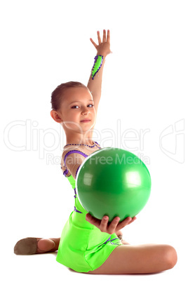kid show green gymnastic ball - sit on background
