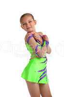 Child posing in green - young gymnast isolated