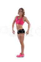 Heavy muscular woman bodybuilder in rose cloth