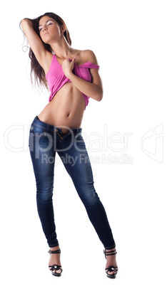 Sexy brunette woman undress rose tank top