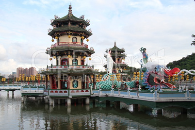 Pagodas and statue of godness Guan Yin