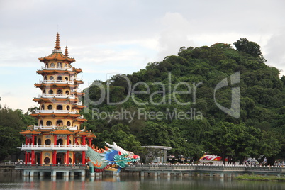 Pagodas with tiger and dragon sculptures on the lake