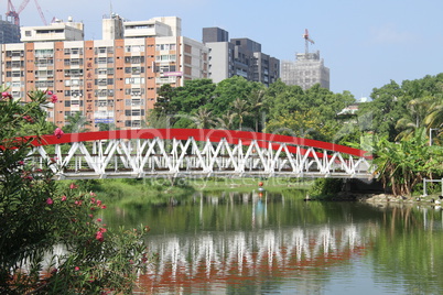 Sculptures and bridge in city park