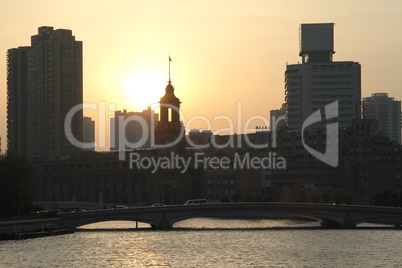 Sunset on the river in Shanghai, China