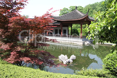 Chinese pagoda, pond and bush in the garden,