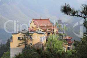 Buddhist temple and pine trees on the mount