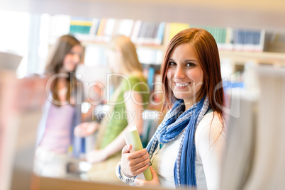 High school library student woman choose book