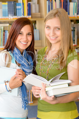 Girl friends student at high school library