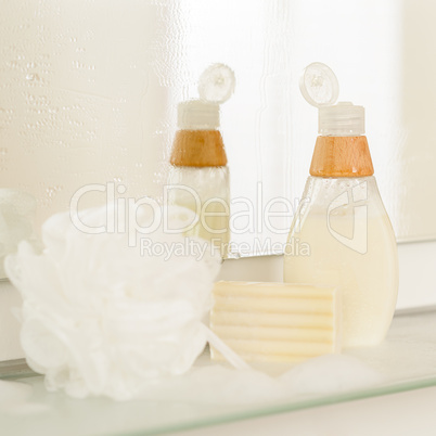 Bathroom body care products on shelf