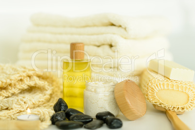 Spa body care products and towels close-up