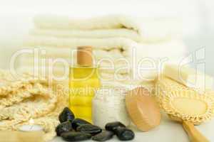 Spa body care products and towels close-up