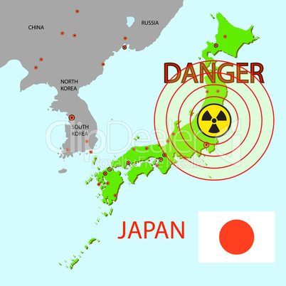 Japan map with danger on an atomic power station