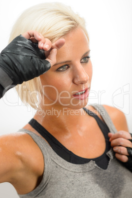 Kickbox woman sweating after training
