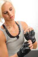 Kickbox woman wear protective gloves