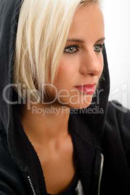 Sport blond woman wear black hoodie fitness