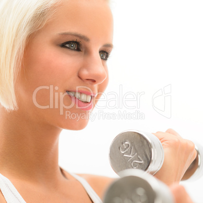 Woman exercise weights white fitness close-up