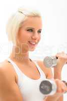 Woman exercise dumbbells white fitness close-up