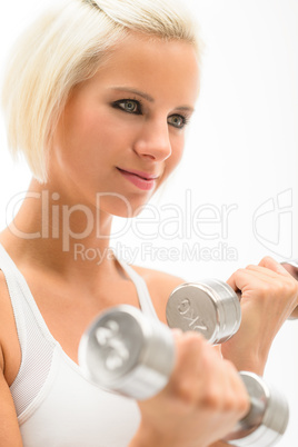 Woman exercise dumbbells white fitness close-up