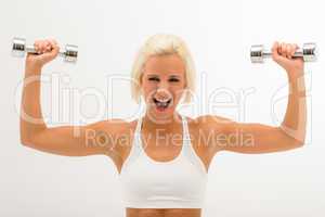 Cheerful fitness woman lift dumbbells isolated white