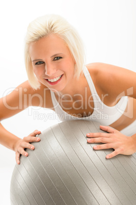 Woman fitness ball exercise on white background