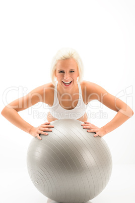 Woman fitness ball exercise on white background