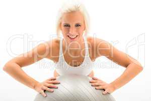Woman fitness ball exercise on white background