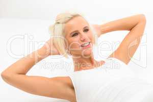 Fitness woman exercise abs sit-ups on white