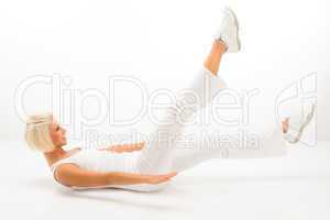 Woman exercise abdomen muscle white fitness