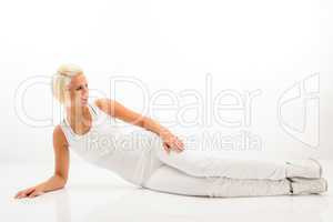 Fitness woman stretch body at Pilates exercise.