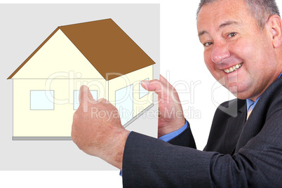 Man holding and pointing at sign with house