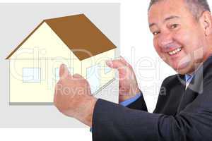 Man holding and pointing at sign with house