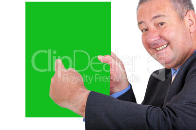 Man holding and pointing at blank green sign