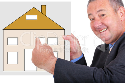 Man holding and pointing at sign with house