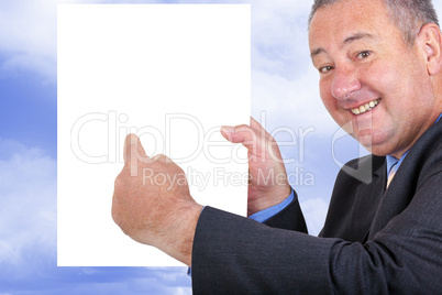 Man holding and pointing at blank sign