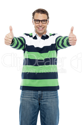 Cool guy showing double thumbs up to camera