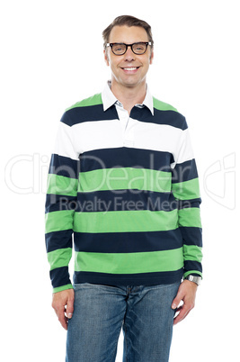 Cheerful guy portrayed in colorful attire