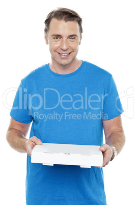 Hungry man holding pizza box